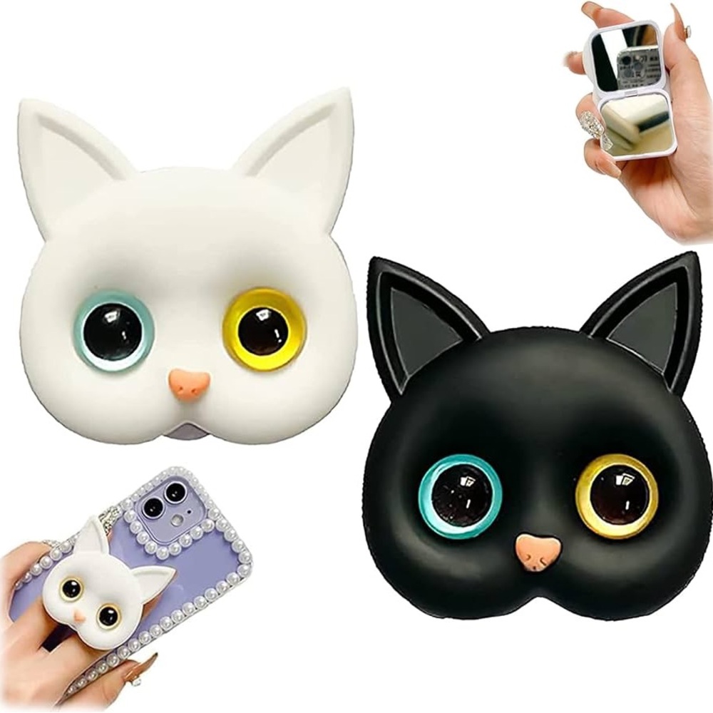 Kitten Phone Holder with Mini,Phone Grip,Makeup Mirror Phone Folding Bracket